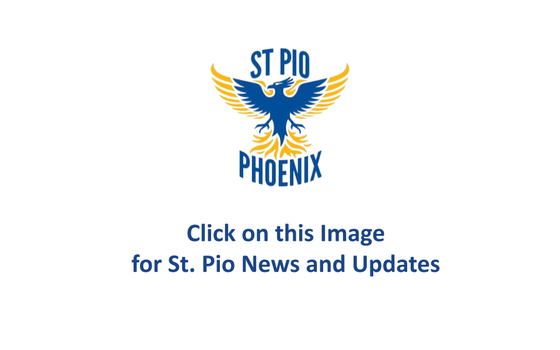 Picture of St. Pio Logo saying "Click on this image for news and updates"